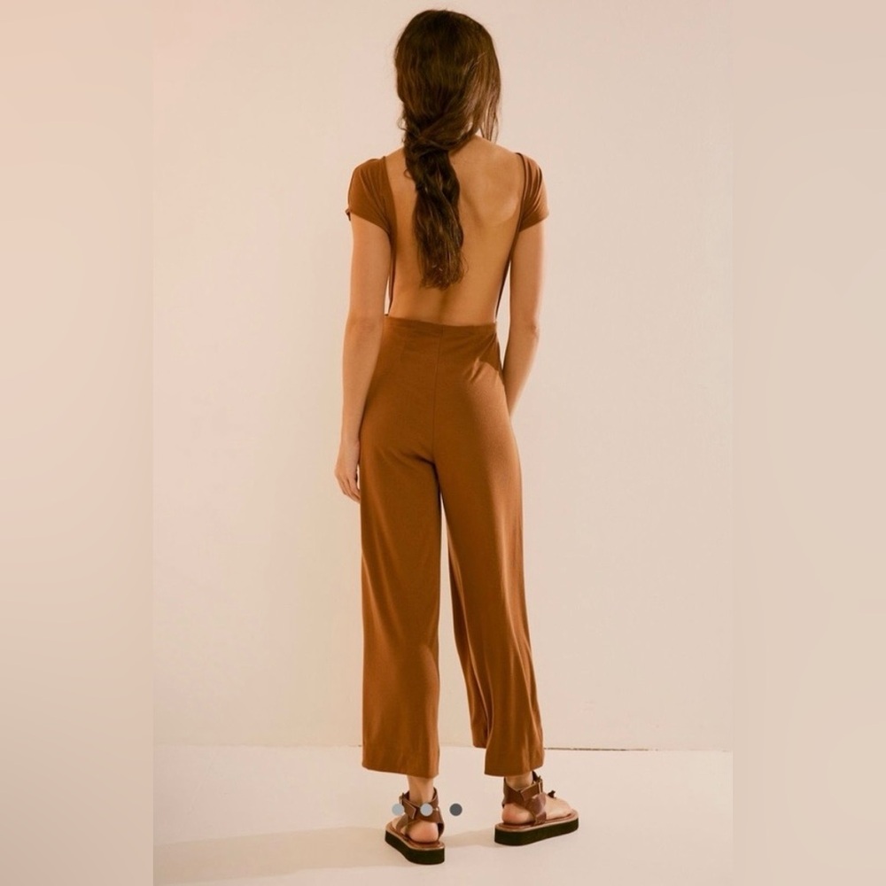Free People Willow One-Piece brown open back wide leg jumpsuit women L NWT